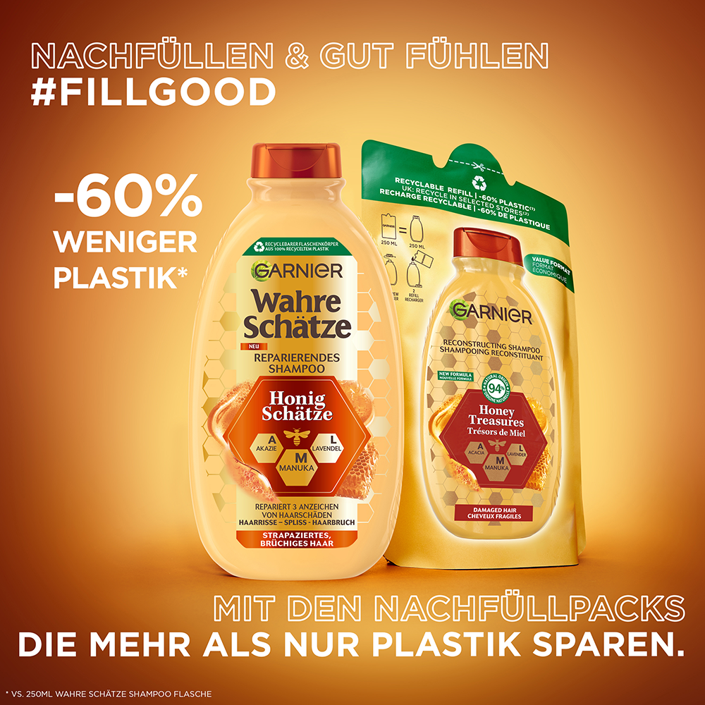 Bild: GARNIER Wahre Schätze Reparierendes Shampoo Honig Schätze Nachfüllpack 