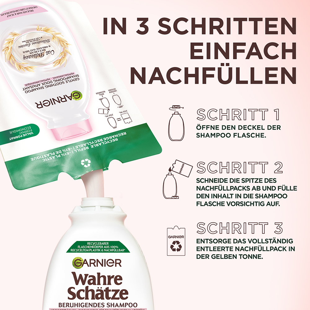 Bild: GARNIER Wahre Schätze Beruhigendes Shampoo Sanfte Hafermilch Nachfüllpack