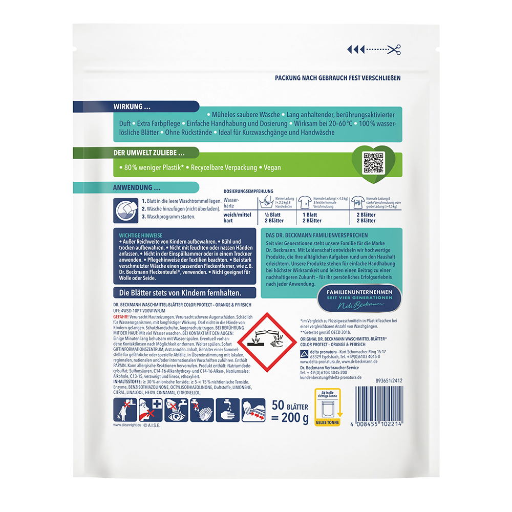 Bild: Dr. Beckmann Magic Leaves Waschmittel Blätter Color Protect Orange und Pfirsich