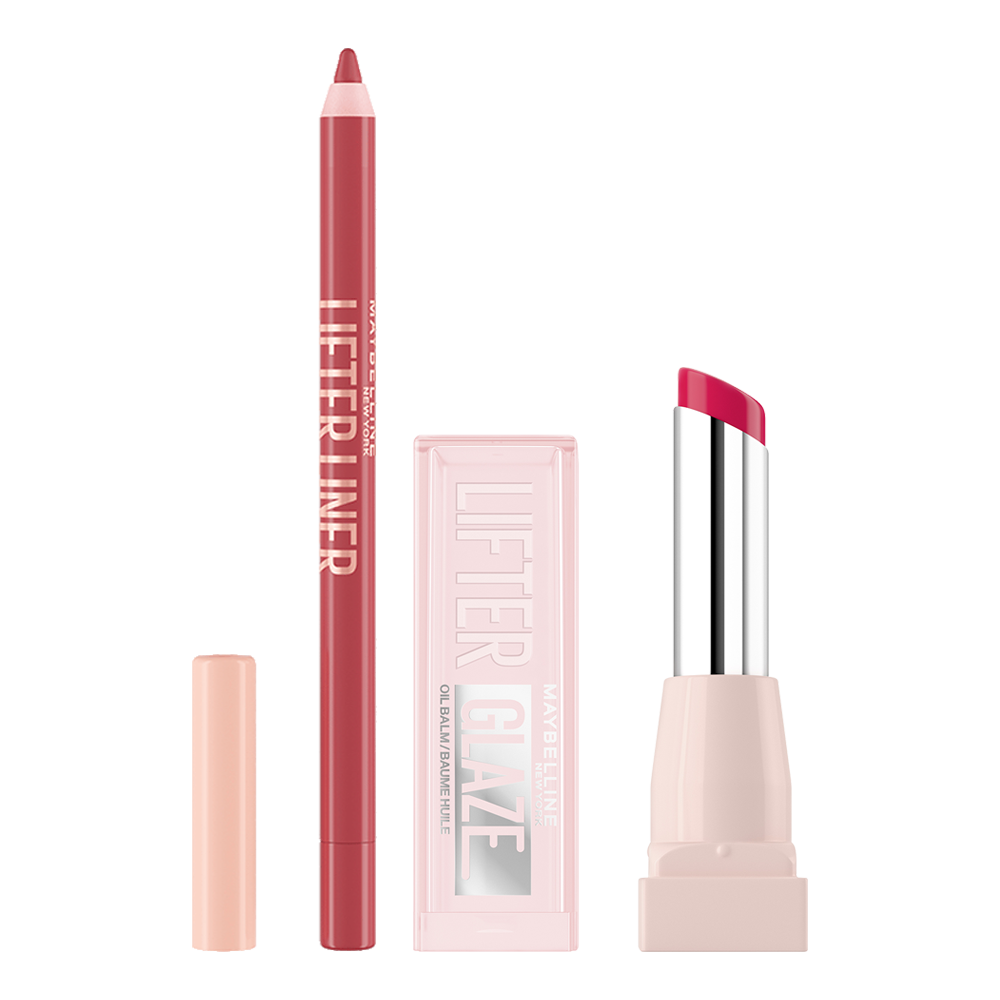 Maybelline Lifter Lip Liner in Rot, Gloss in Rosa & Lippenstift – perfekte Lippenpflege & Make-up auf weißem Hintergrund.