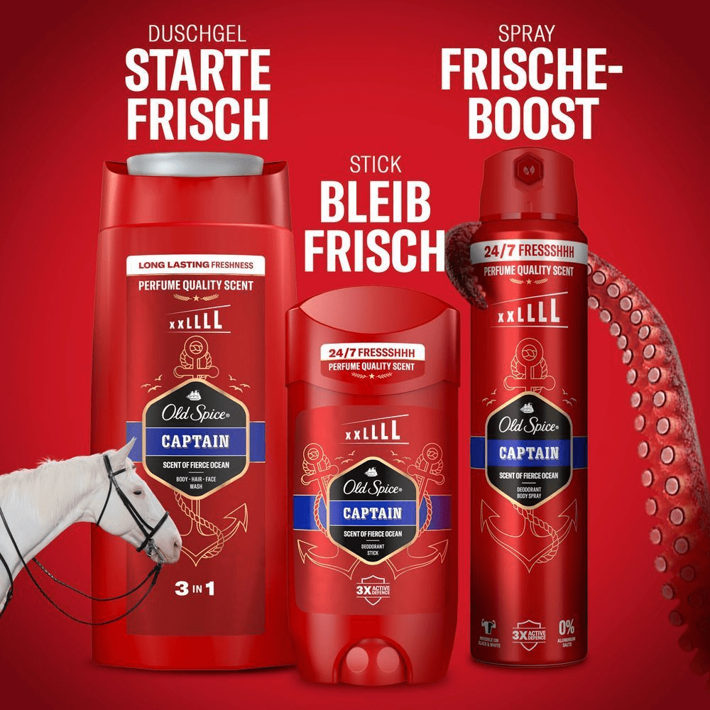 Old Spice Captain Duschgel, Deodorant Stick und Spray für einen frischen Start, den ganzen Tag und einen Frische-Boost.