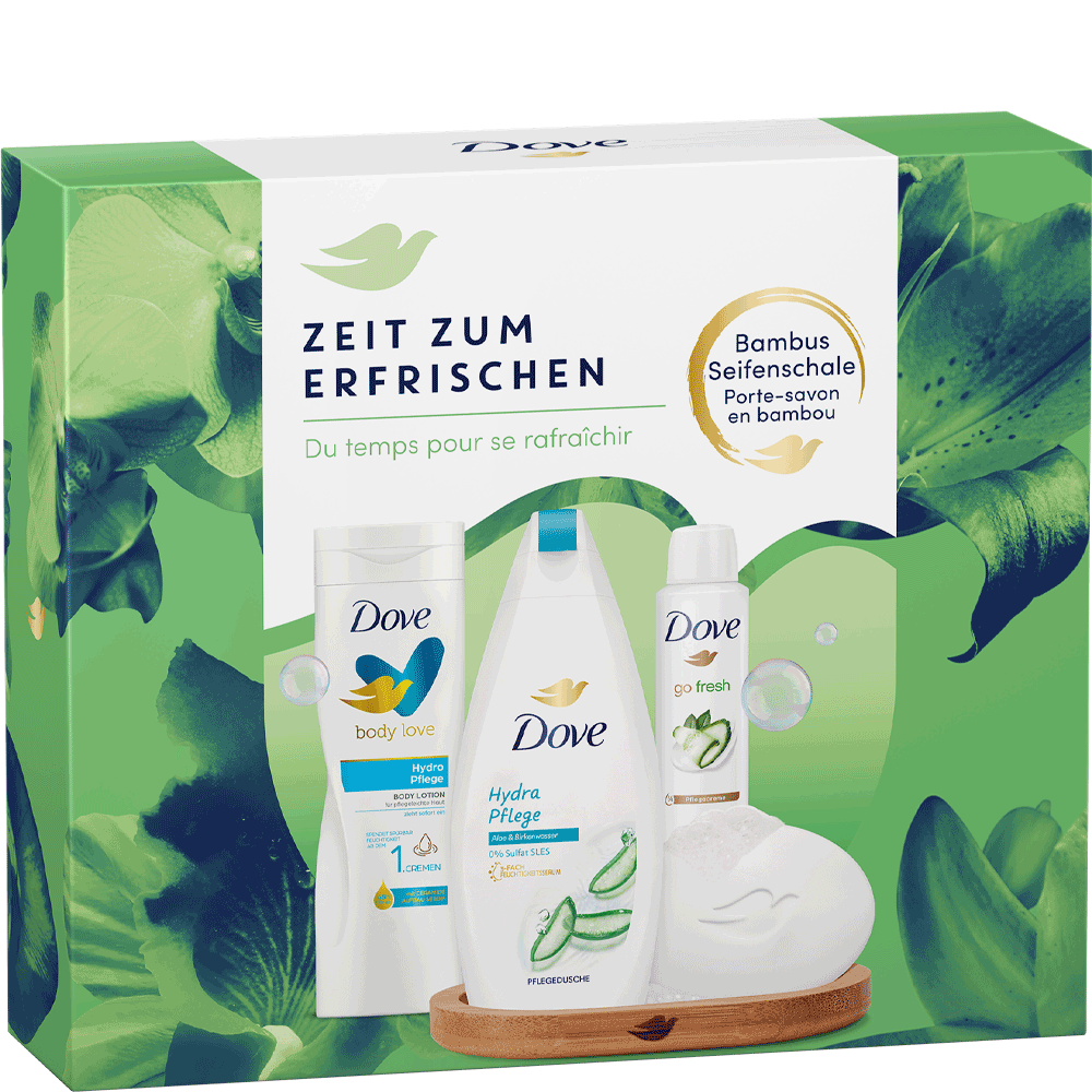 Bild: Dove Pflegeset Zeit zum Erfrischen Bodylotion + Duschgel + Deo + Handseife