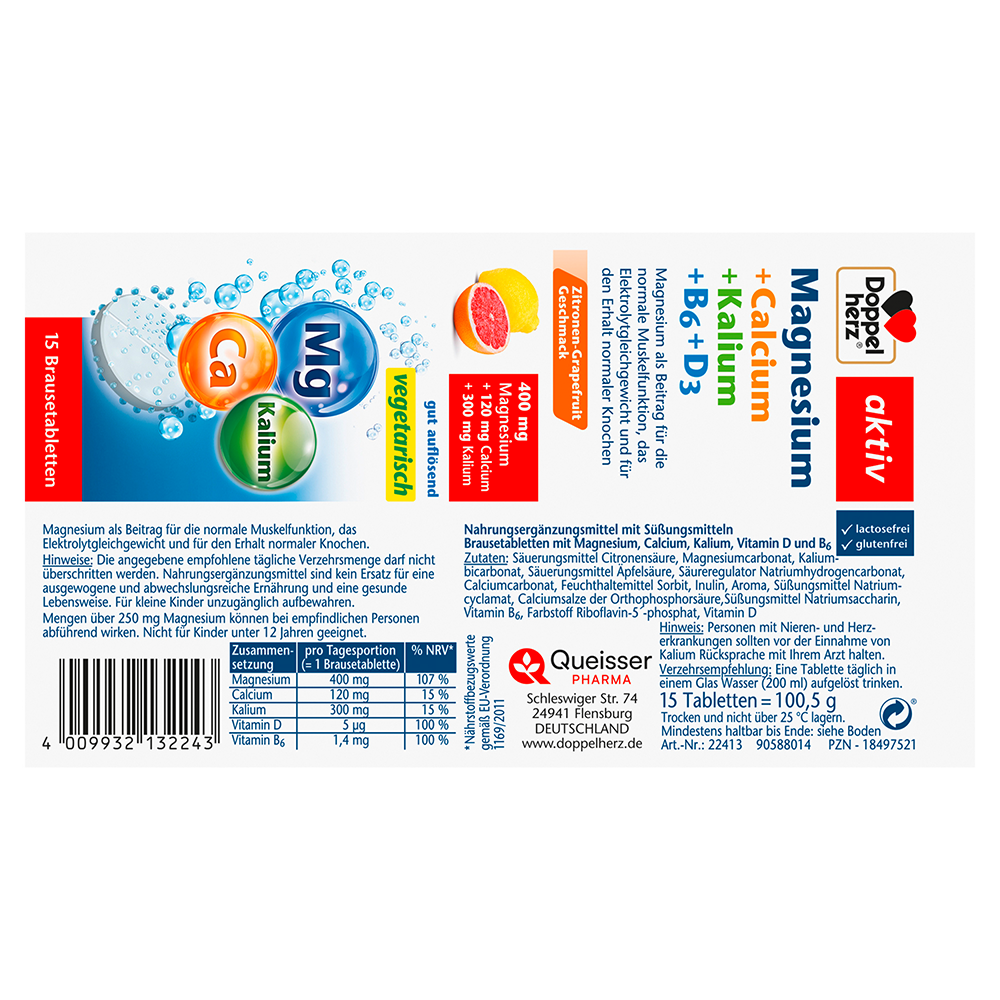Bild: DOPPELHERZ Magnesium + Calcium + Kalium + B6 + D3 Brausetabletten