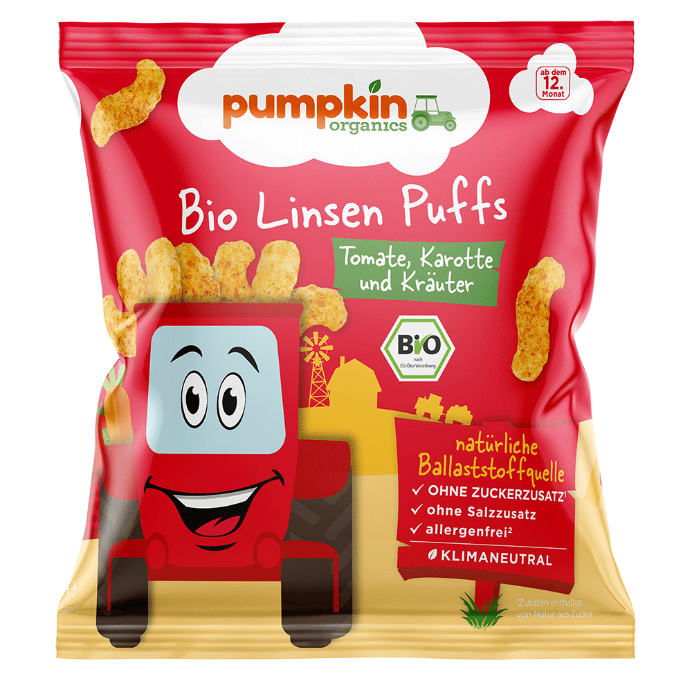 Bild: pumpkin organics Bio Linsen Puffs Tomate, Karotte und Kräuter