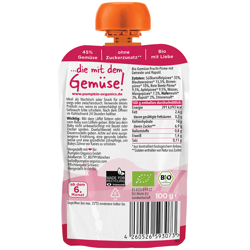 Bild: pumpkin organics Quetschie Süßkartoffel, Blaubeere, Birne, Rote Beete und Hafer