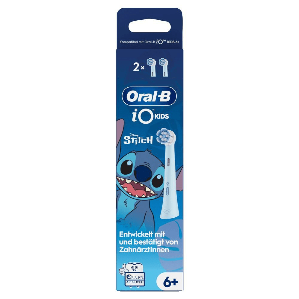 Oral-B iO Kids Aufsteckbürsten, 2er-Packung, mit Disney Stitch Design und dem Hinweis "Entwickelt mit und bestätigt von Zahnärztinnen".;