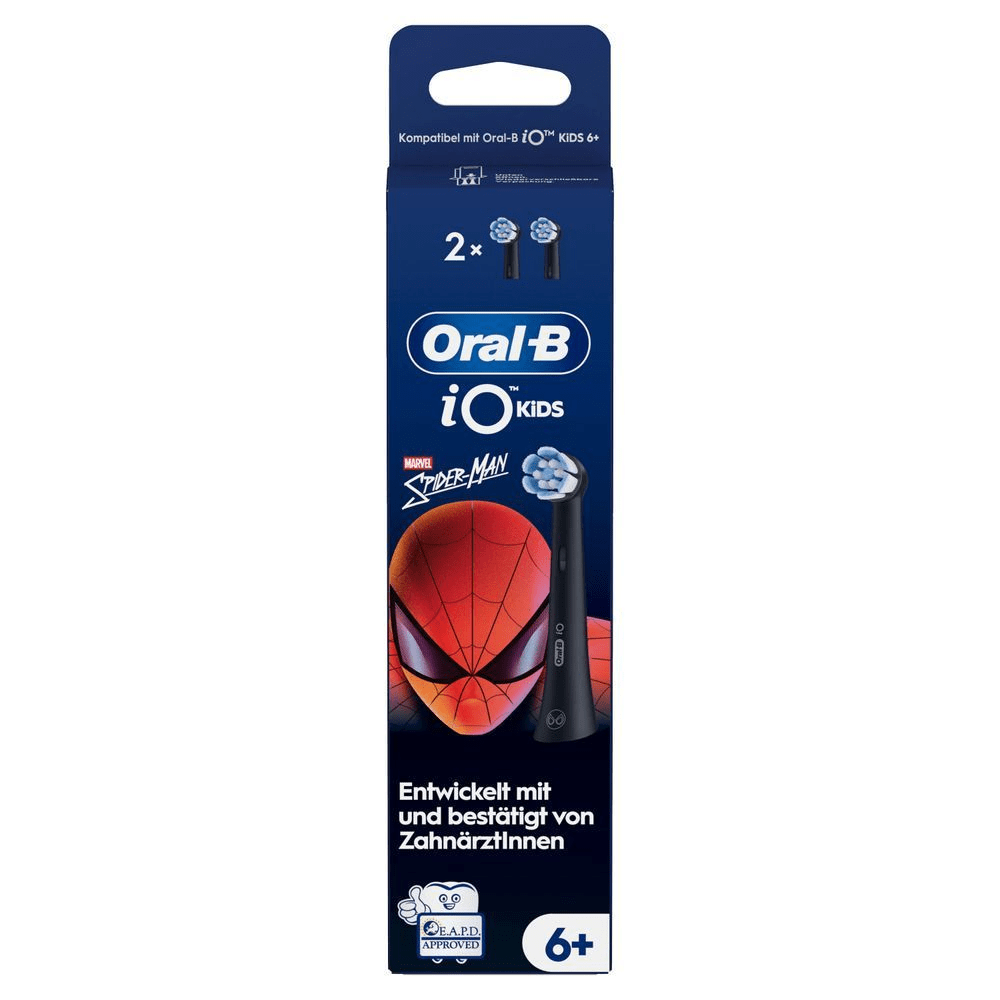 Oral-B iO Kids Aufsteckbürsten, 2er-Pack, mit Spiderman-Design, entwickelt mit und bestätigt von Zahnärztinnen.;