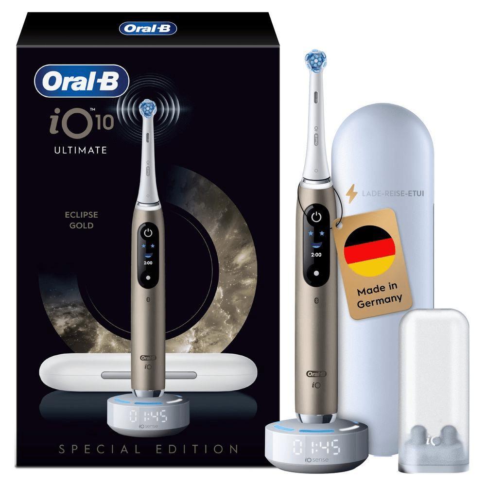 Oral-B iO 10 Ultimate Eclipse Gold Zahnbürste mit Ladestation, Lade-Reise-Etui und dem Hinweis "Made in Germany".