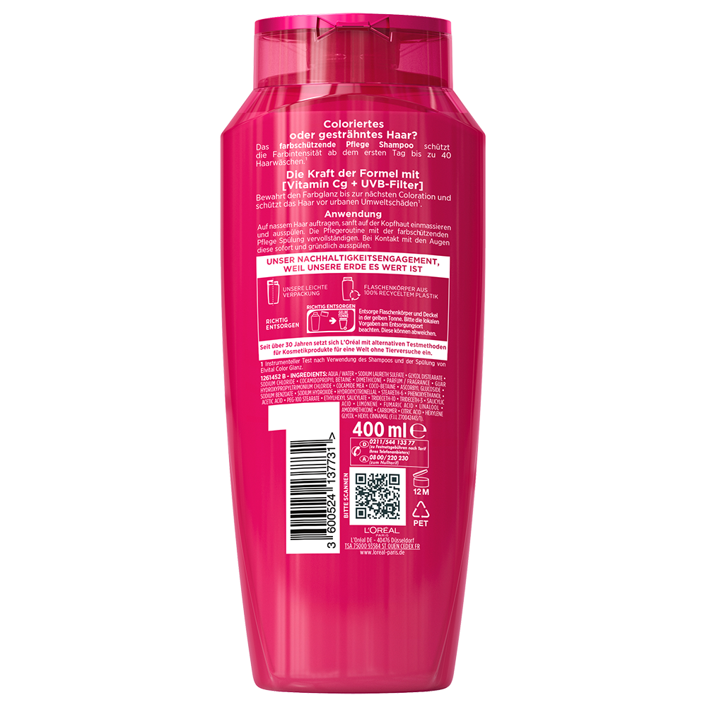 Bild: L'ORÉAL PARIS ELVITAL Color Glanz Pflege Farbschutz Shampoo & Spülung