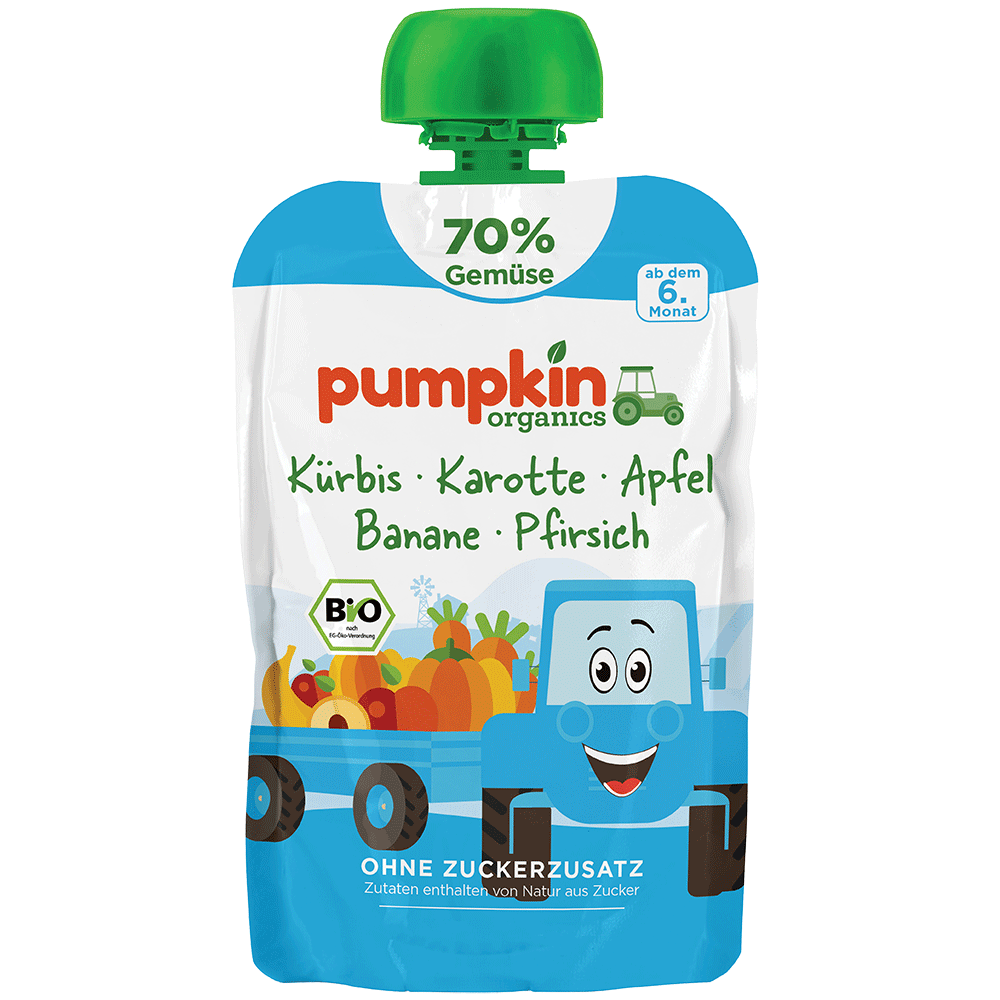 Bild: pumpkin organics Quetschie Kürbis, Karotte, Apfel, Banane und Pfirsich