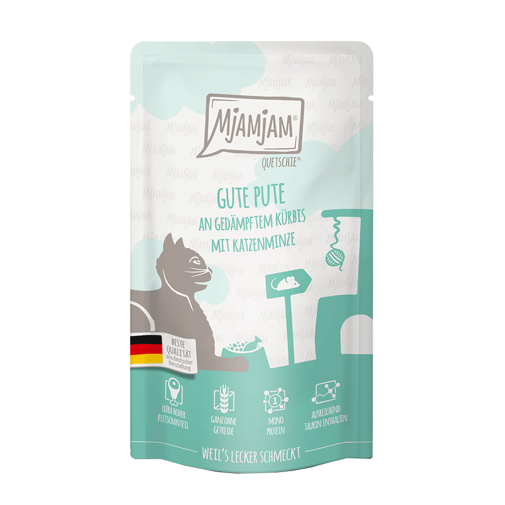 Bild: Mjamjam Quetschie Gute Pute an Gedämpftem Kürbis mit Katzenminze 