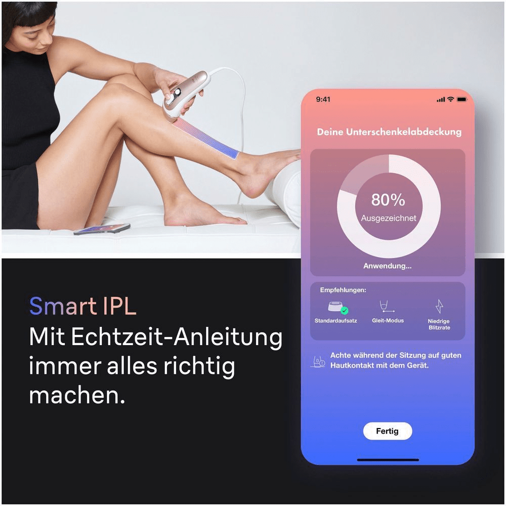 Braun IPL-Gerät in Anwendung, begleitet von einer App, die eine 80% "Ausgezeichnete" Abdeckung anzeigt.