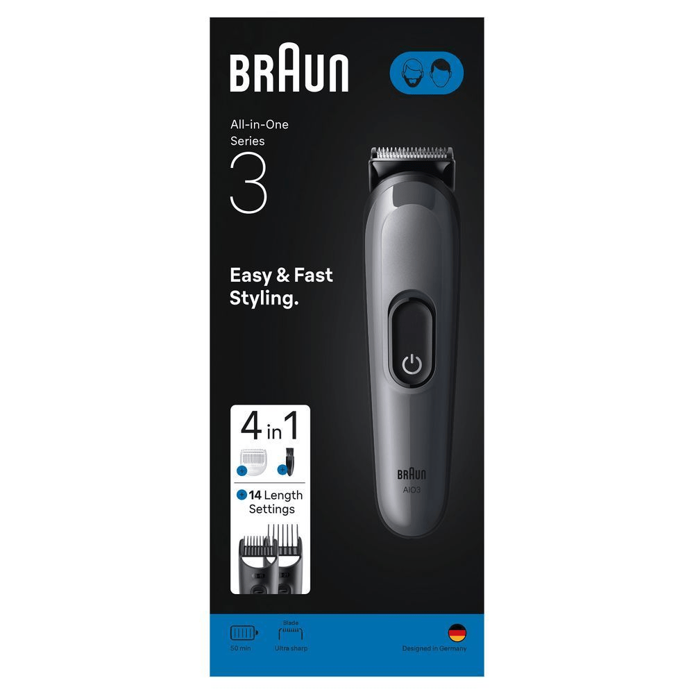 Bild: Braun All-in-One Series 3, 4-in-1 Groomingset, ultrascharfe Klinge, 14 Längen, AIO3500, Grau