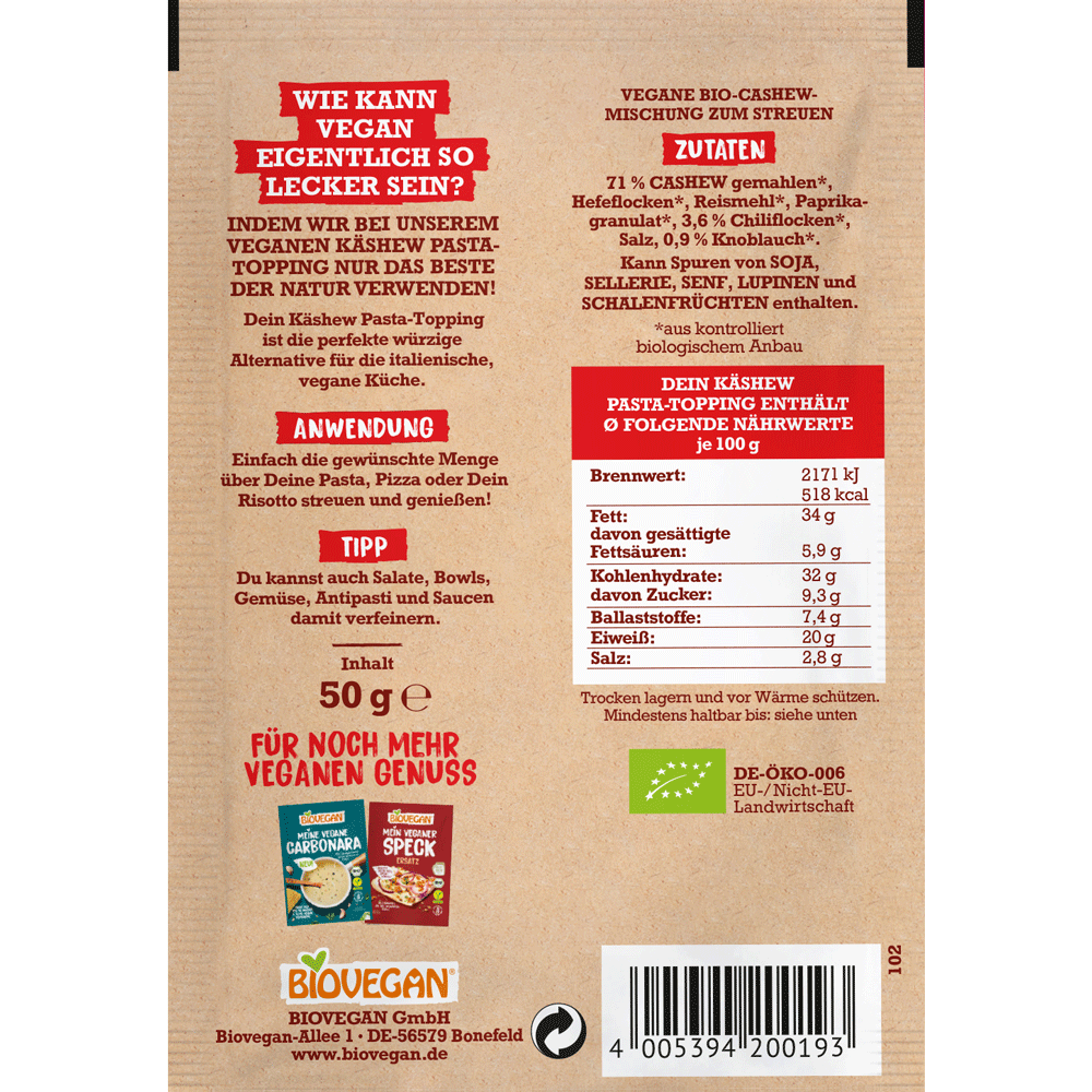 Bild: Biovegan Mein Käshew Pasta-Topping Chili Knoblauch