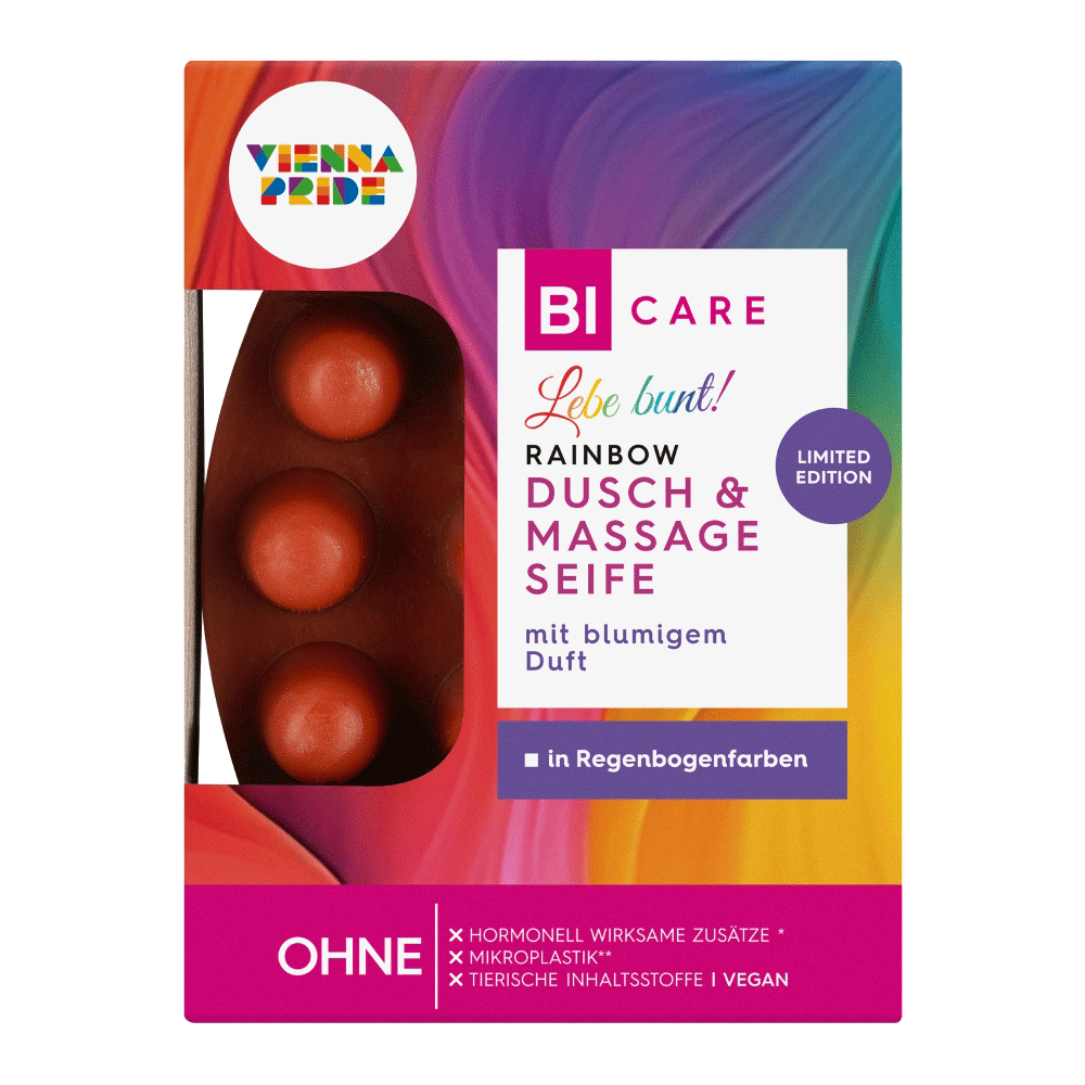 Bild: BI CARE Dusch & Massage Seife Pride Limited Edition in Regenbogenfarben