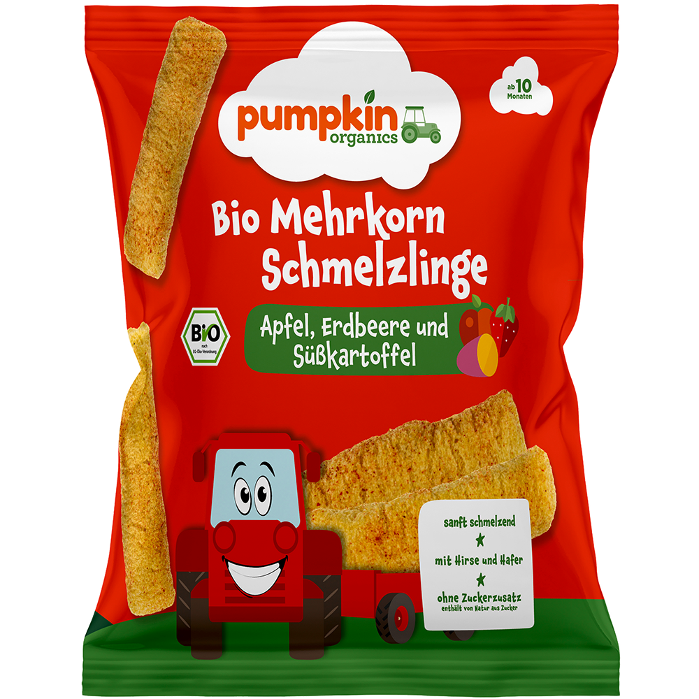 Bild: pumpkin organics Bio Mehrkorn Schmelzlinge Apfel, Erdbeere und Süßkartoffel 