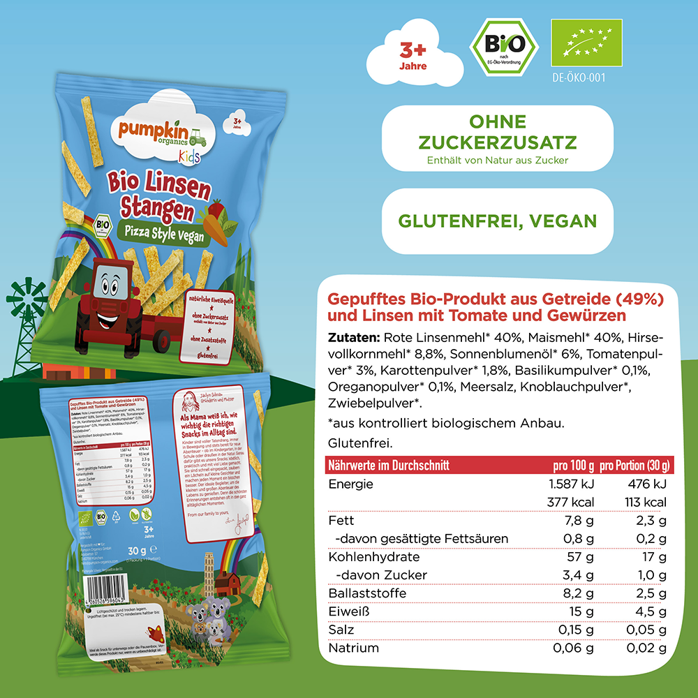 Bild: pumpkin organics Bio Linsen Stangen Pizza Style Vegan 