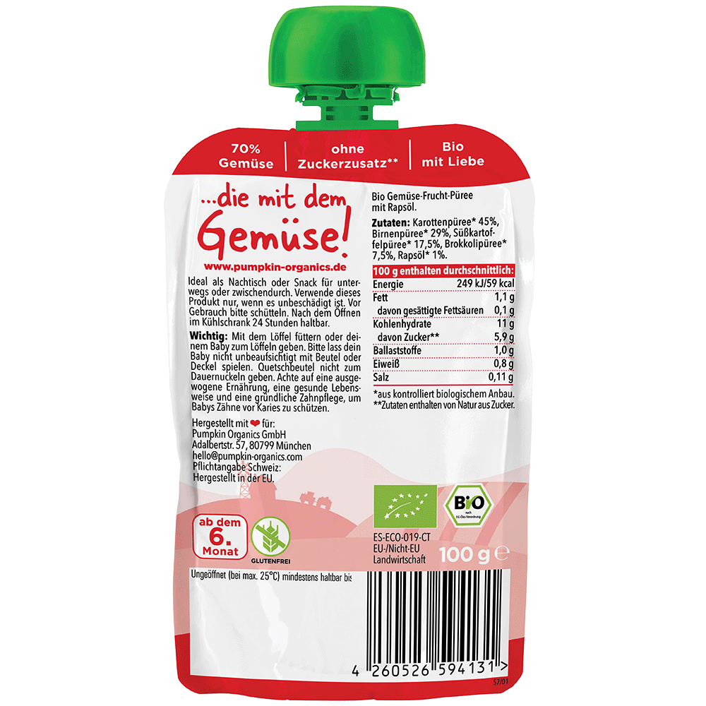 Bild: pumpkin organics Quetschie Karotte, Birne, Süßkartoffel und Brokkoli