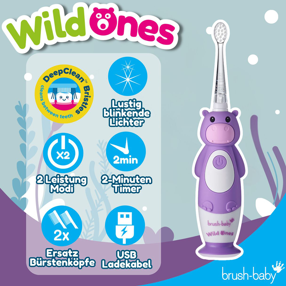 Bild: brush-baby Wild Ones Wiederaufladbare Elektrische Zahnbürste Holly Hippo