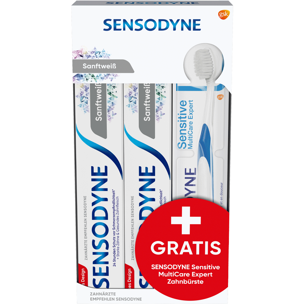 Bild: SENSODYNE Multicare Sanftweiß + Zahnbürste