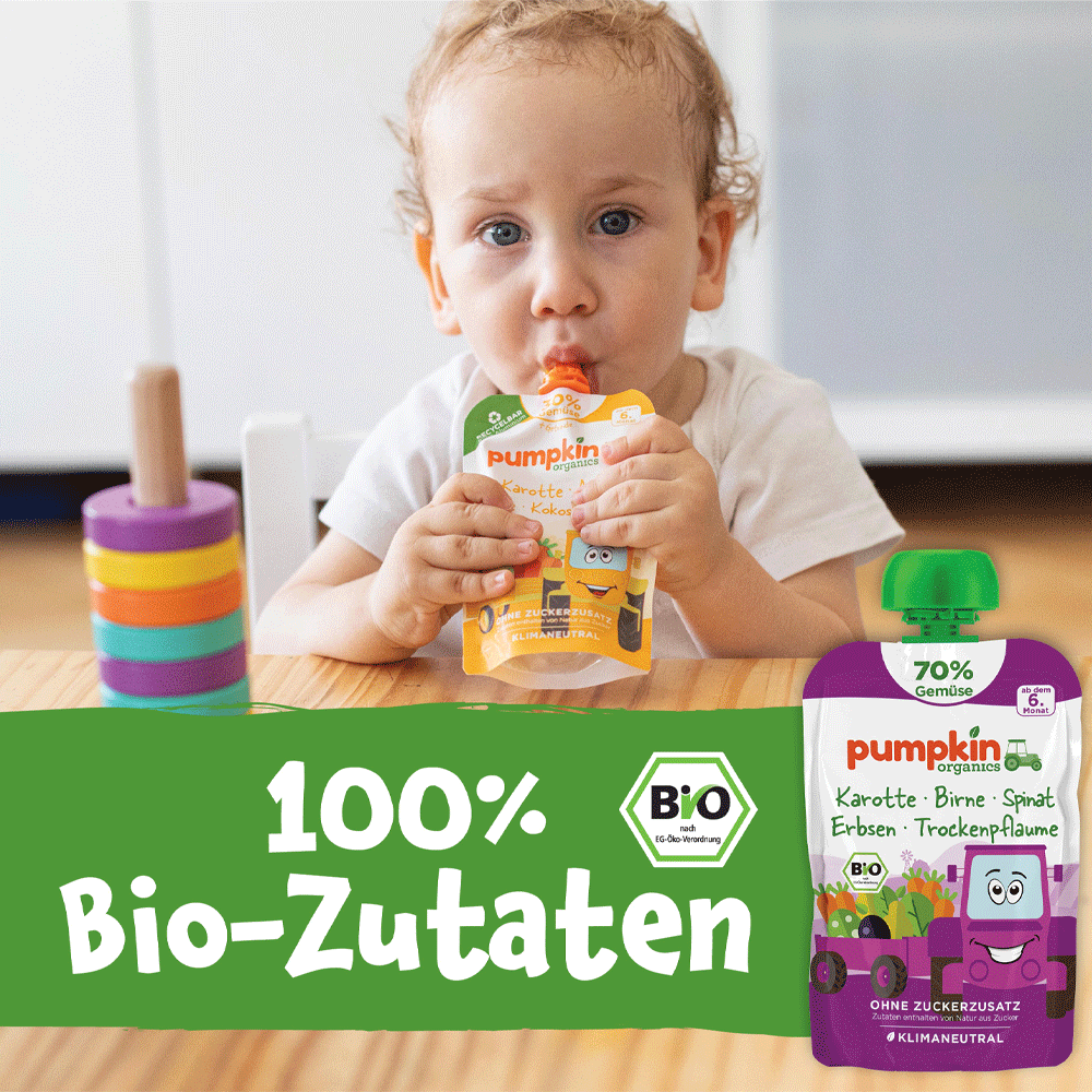 Bild: pumpkin organics Quetschie Karotte, Birne, Spinat, Erbsen und Trockenpflaume