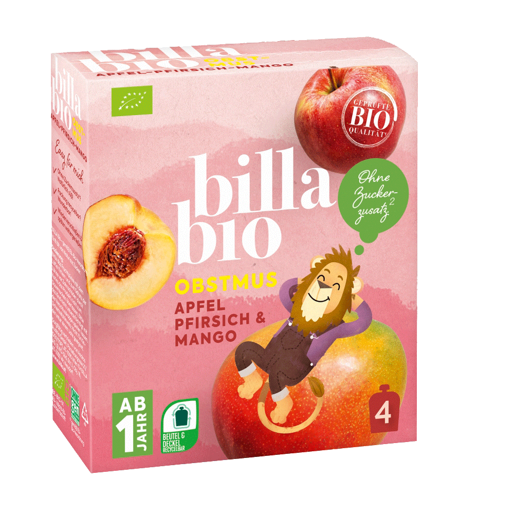 Bild: Billa Bio Quetschie Apfel Pfirisch Mango 4er Pack
