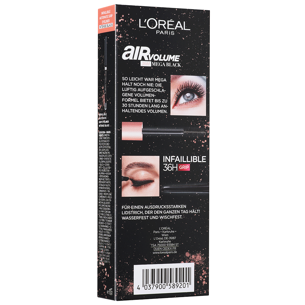 Bild: L'ORÉAL PARIS Air Volume 30H Mega Black Mascara + Infaillible Automatic Grip Eyeliner Intense Black