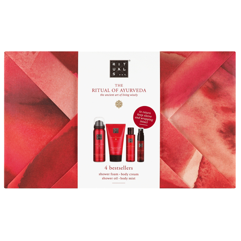 Bild: Rituals The Ritual of Ayurveda Geschenkset Duschschaum 50 ml + Bodylotion 70 ml + Duschöl 75 ml + Haar & Body Mist 20 ml 