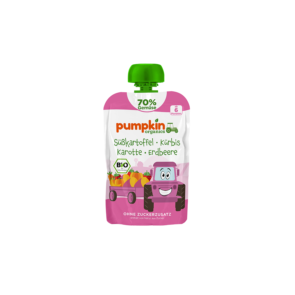 Bild: pumpkin organics Quetschie Süßkartoffel, Kürbis, Karotte und Erdbeere