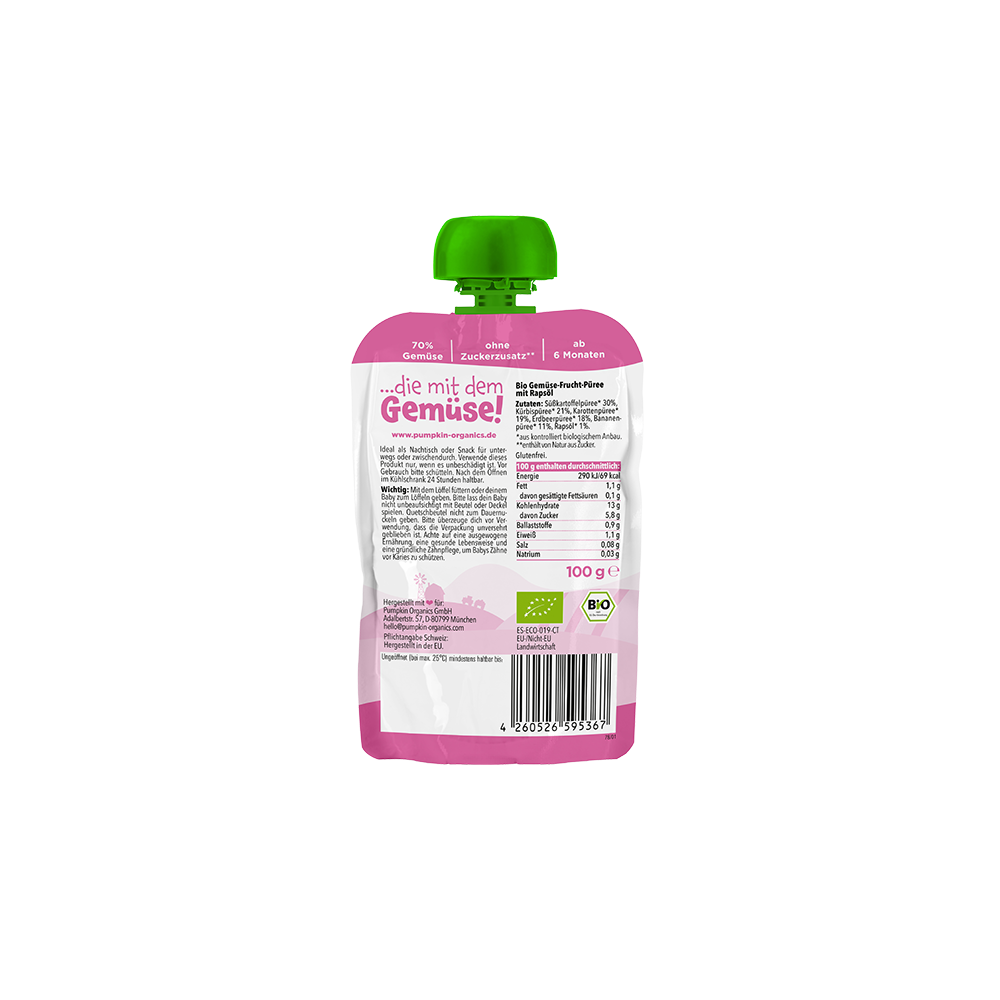 Bild: pumpkin organics Quetschie Süßkartoffel, Kürbis, Karotte und Erdbeere
