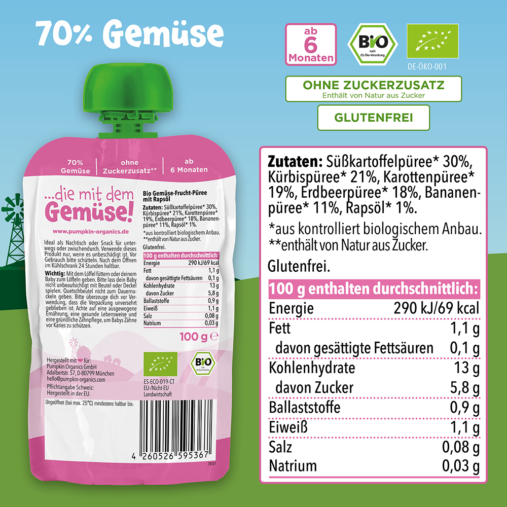 Bild: pumpkin organics Quetschie Süßkartoffel, Kürbis, Karotte und Erdbeere