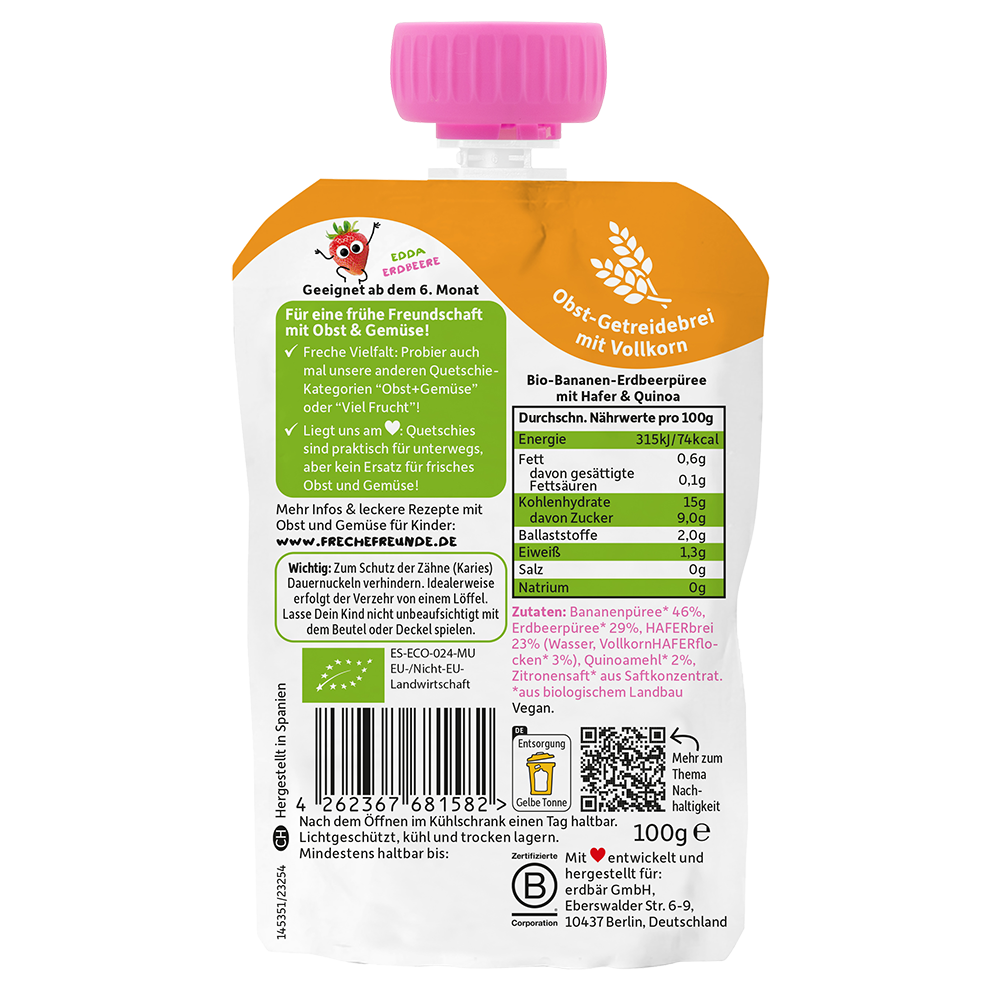 Bild: Freche Freunde Quetschie Banane, Erdbeere mit Hafer und Quinoa 