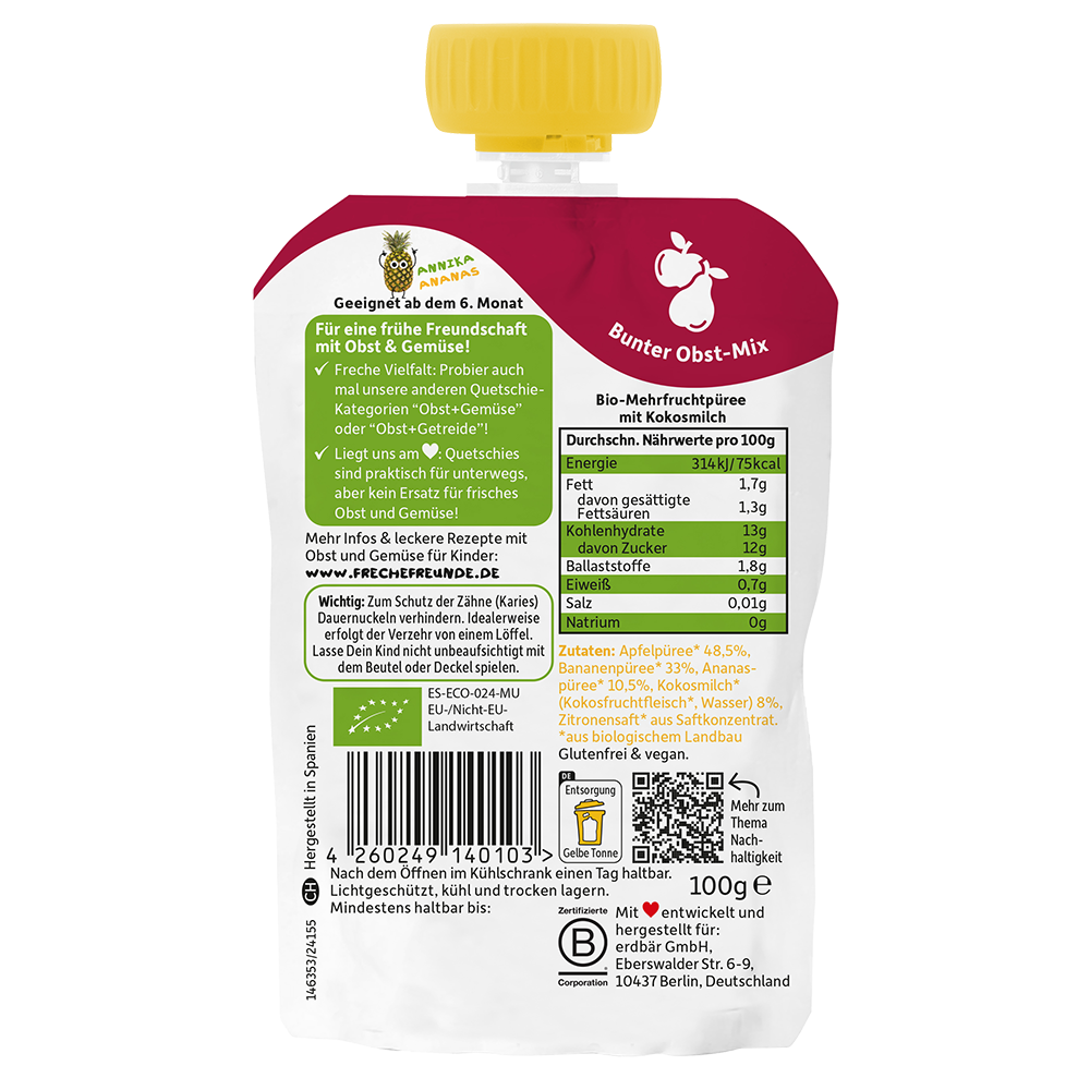 Bild: Freche Freunde Quetschie Apfel, Banane, Ananas mit Kokosnuss 