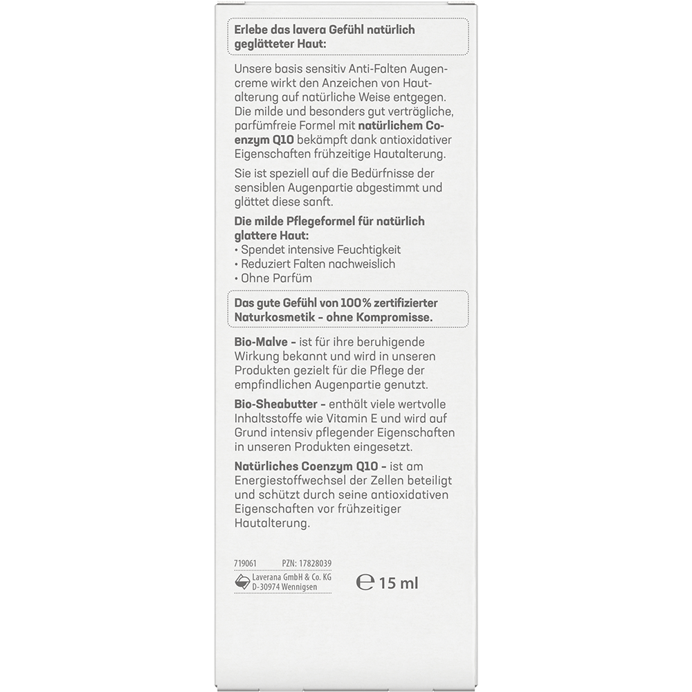 Bild: lavera Basis Sensitiv Anti-Falten Augencreme Coenzym Q10, Bio-Malve & Bio-Sheabutter