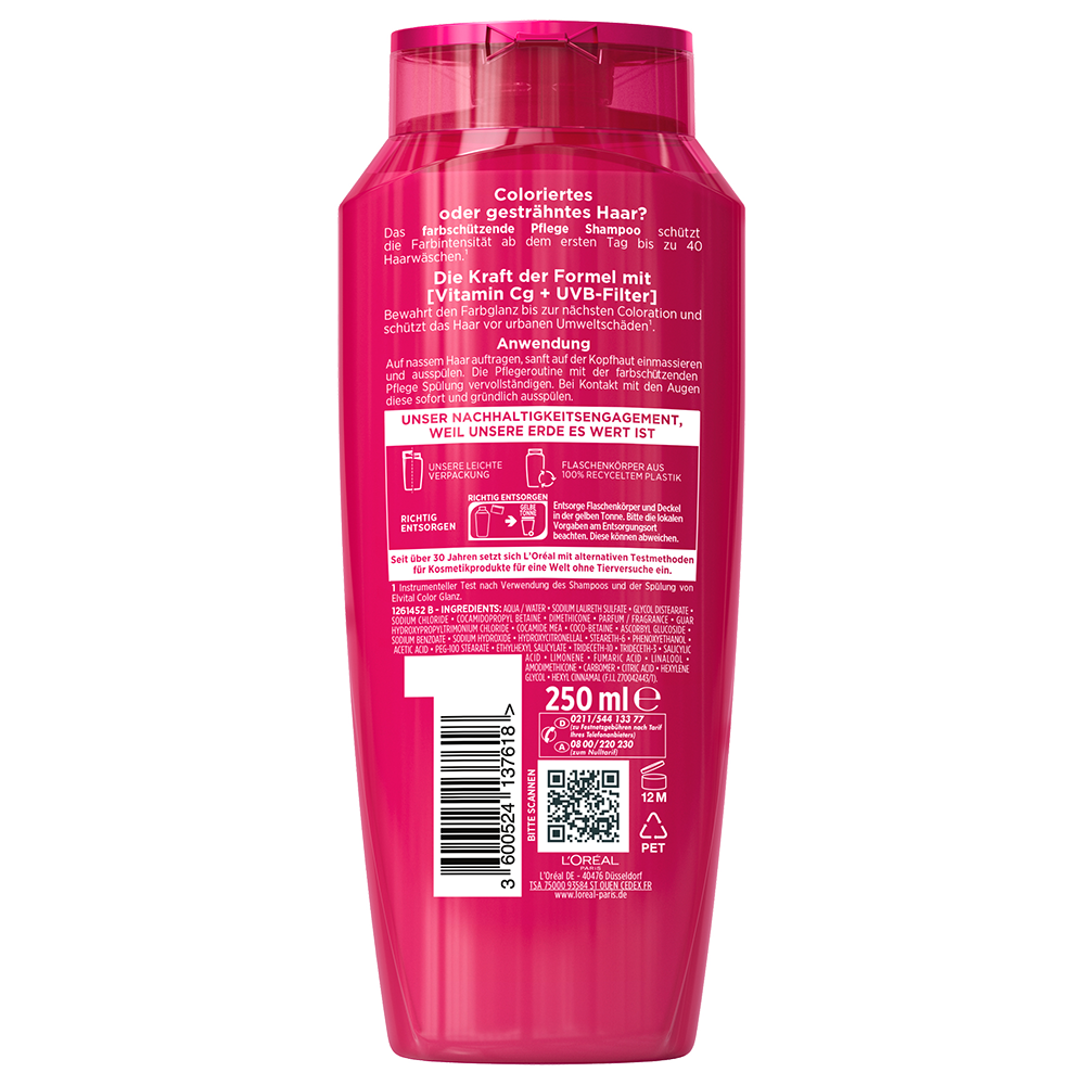 Bild: L'ORÉAL PARIS ELVITAL Color Glanz Pflege Farbschutz Shampoo & Spülung