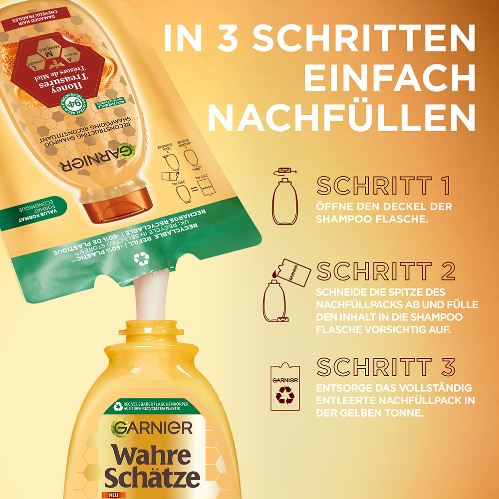 Bild: GARNIER Wahre Schätze Reparierendes Shampoo Honig Schätze Nachfüllpack