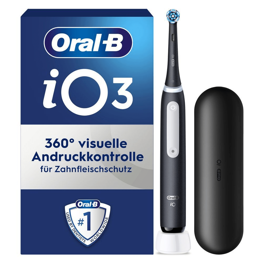 Image of Oral-B iO3 toothbrush packaging, showing one black toothbrush, one charging base, one black travel case. Text on image reads “360 Visible Pressure Sensor for Gum Protection”.
