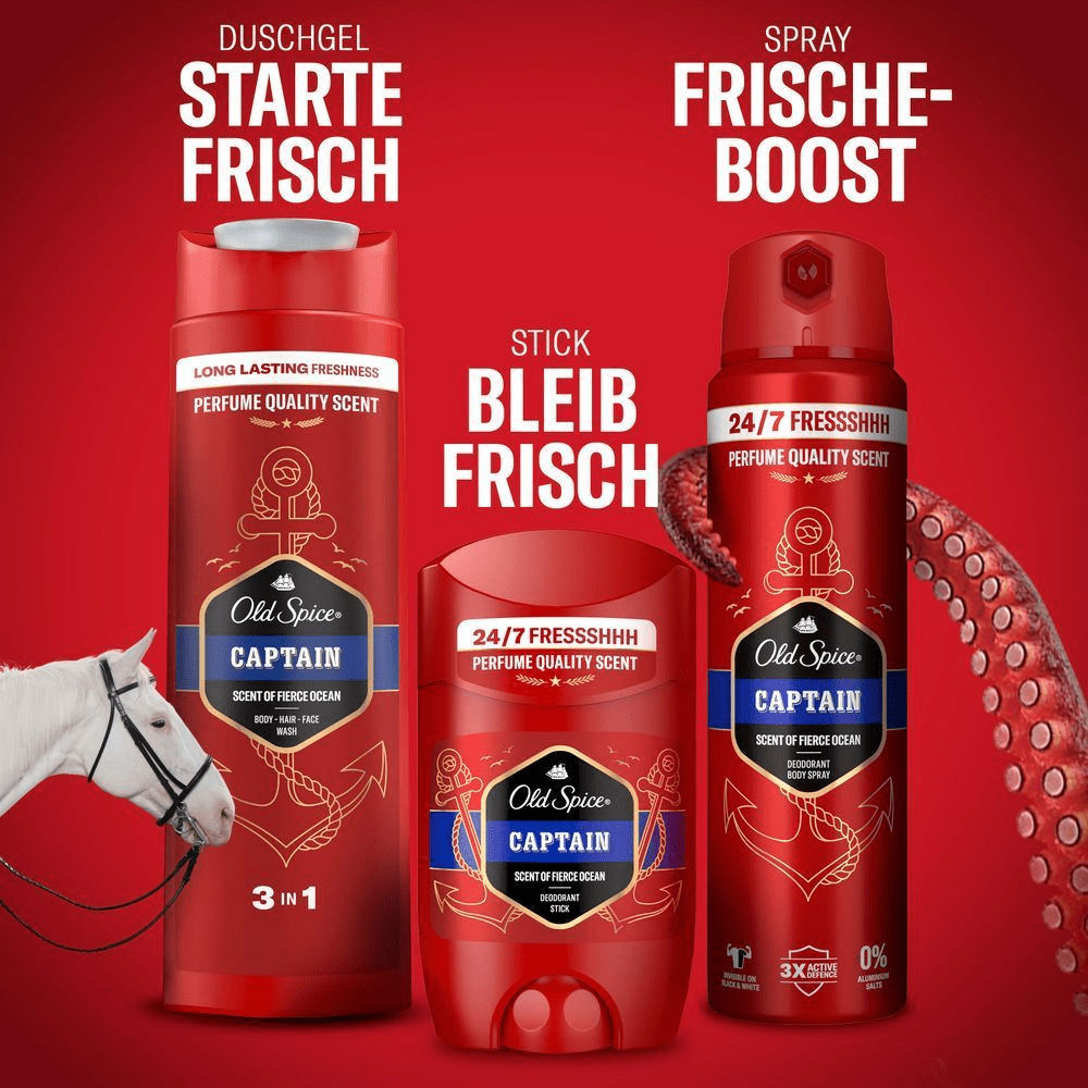 Old Spice Captain Duschgel, Deodorant Stick und Spray für einen frischen Start, den ganzen Tag und einen Frische-Boost.