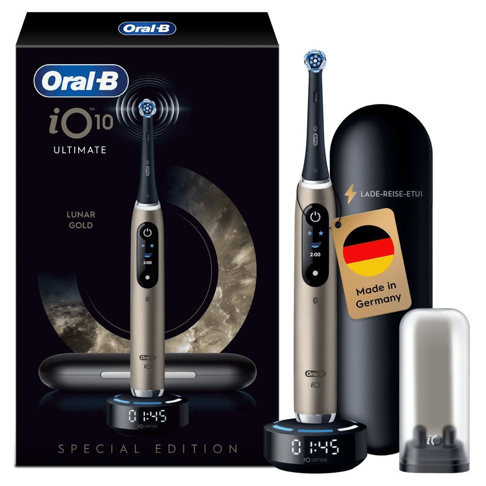 Oral-B iO 10 Ultimate Lunar Gold Zahnbürste, Special Edition, mit Lade-Reise-Etui und "Made in Germany"-Etikett.