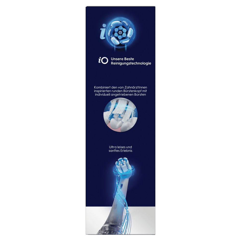 Oral-B iO Verpackungsseite, die die beste Reinigungstechnologie und einen von Zahnärzten inspirierten Bürstenkopf hervorhebt.
