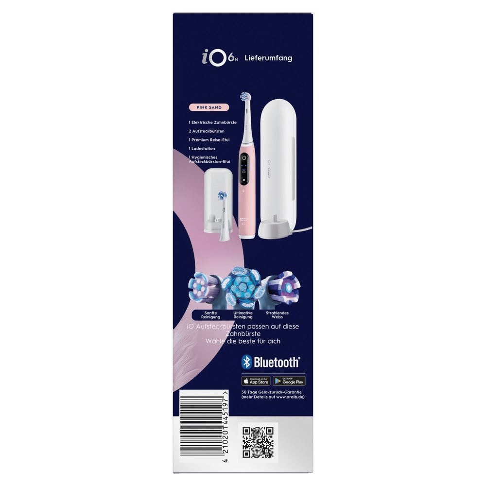 Seitliche Verpackung der Oral-B iO6 Pink Sand Zahnbürste mit Zubehör, einschlieÃlich Aufsteckbürsten und Reise-Etui.