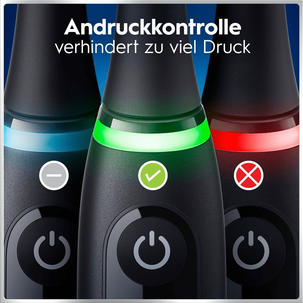Druckkontrollsystem mit drei Anzeigen: blau (minus), grün (Häkchen) und rot (X)