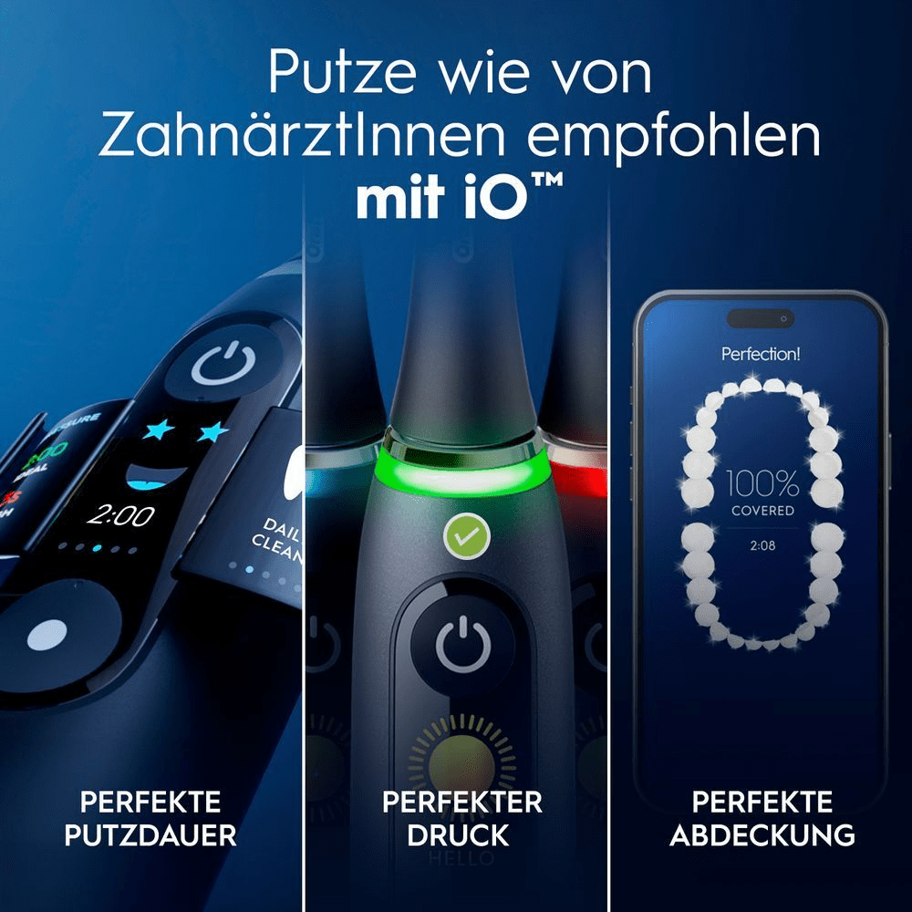 Oral-B iO Zahnbürste mit Funktionen für perfekte Putzdauer, perfekten Druck und 100% Abdeckung, wie in der App angezeigt.
