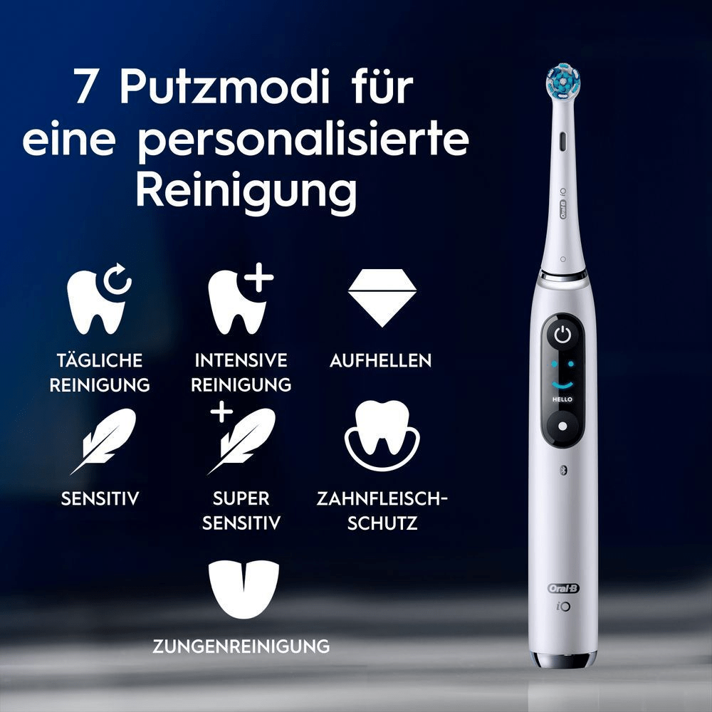 Oral-B iO Zahnbürste, die 7 Putzmodi für eine personalisierte Reinigung hervorhebt, einschließlich täglicher Reinigung, Aufhellen und Zungenreinigung.