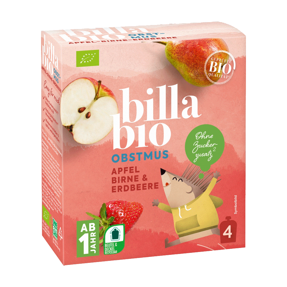 Bild: Billa Bio Quetschie Apfel Birne Erdbeere 4er Pack