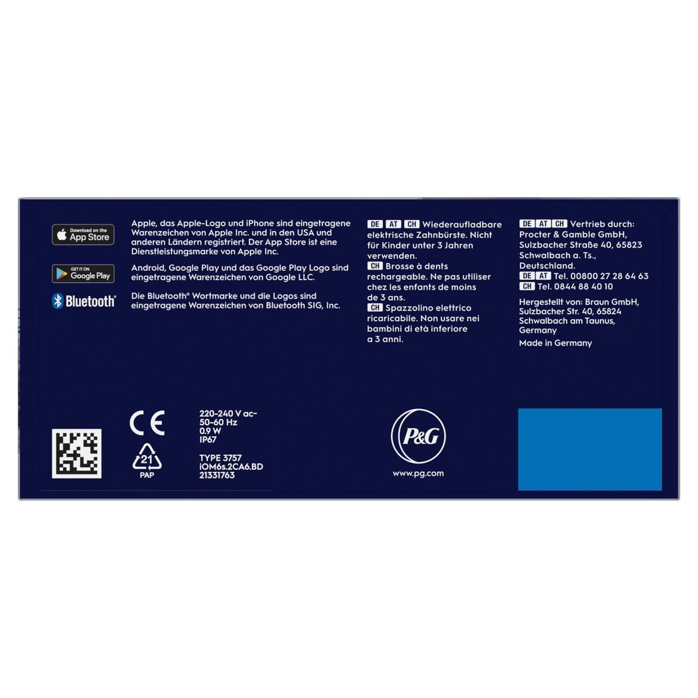 Verpackung der Oral-B ZahnbÃ¼rste, die Wiederaufladbare elektrische ZahnbÃ¼rste und Herstellerinformationen hervorhebt.