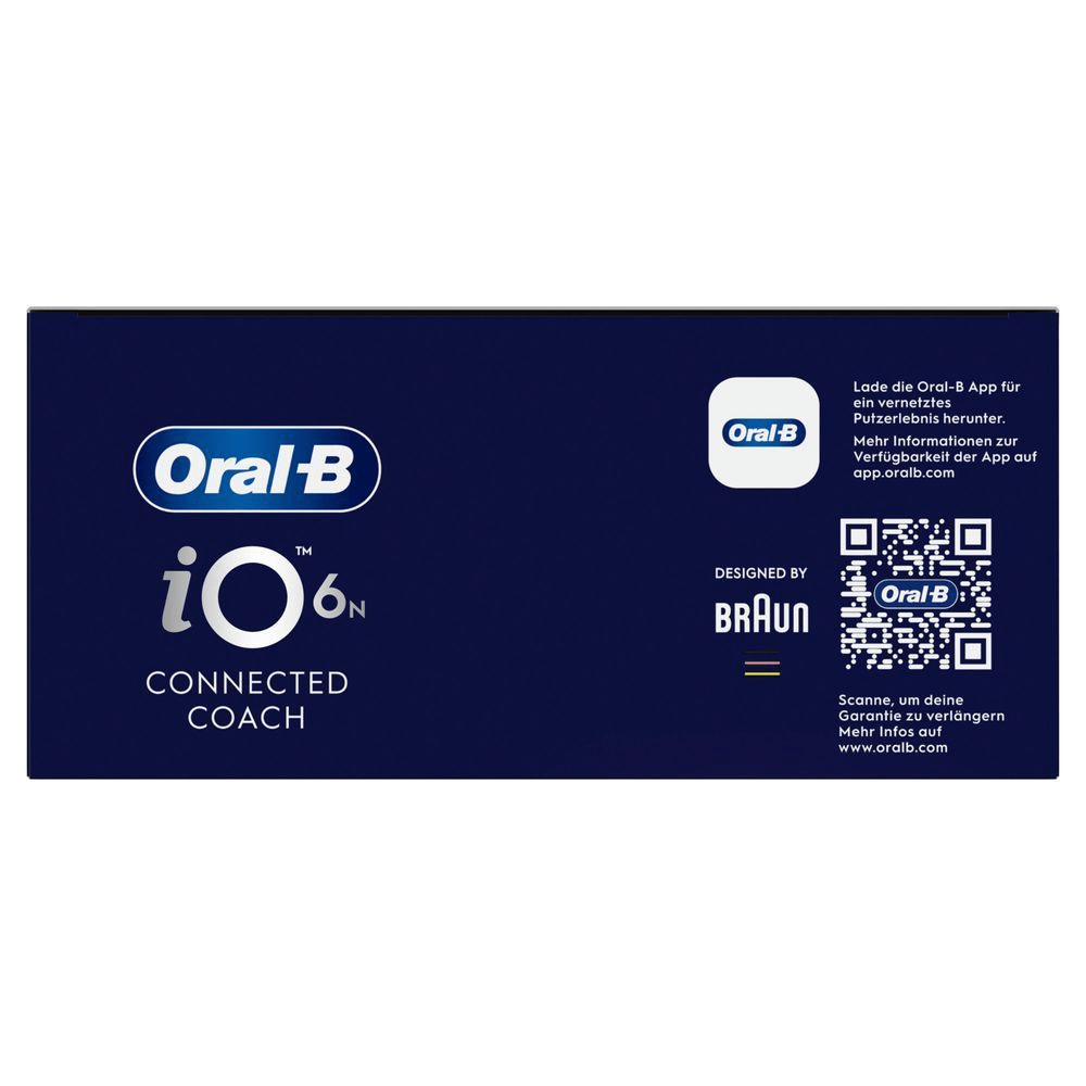 Verpackungsdeckel der Oral-B iO 6N ZahnbÃ¼rste, Verpackung mit Hinweis zum Download der Oral-B App fÃ¼r ein vernetztes Putzerlebnis.