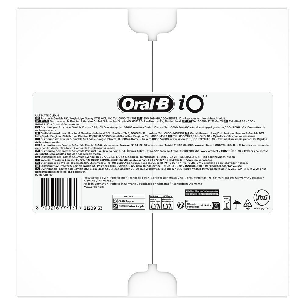 Oral-B iO Verpackung mit dem Hinweis auf 10 Ersatz-Bürstenköpfe für Erwachsene. [EN] Oral-B iO replacement brush heads packaging, showing the contents include 10 replacement brush heads suitable for adults. [IT] Oral-B iO, confezione contenente 10 testine di ricambio per spazzolino elettrico, adatte per adulti. [ES] Oral-B iO, caja que muestra 10 cabezales de recambio para cepillo dental de adulto.;
