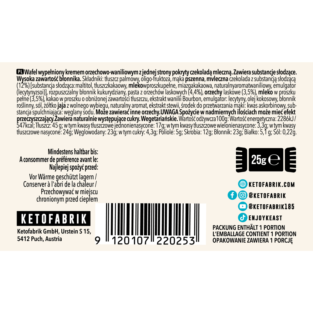 Bild: KETO Keast Milch, Schokolade, Haselnuss Waffel 