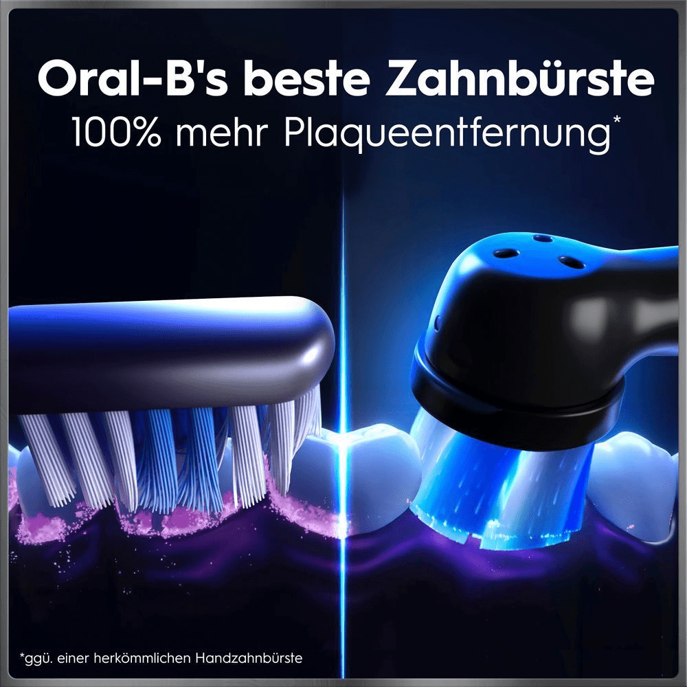 Werbung für Oral-B Zahnbürste mit 100% mehr Plaqueentfernung im Vergleich zu Handzahnbürsten